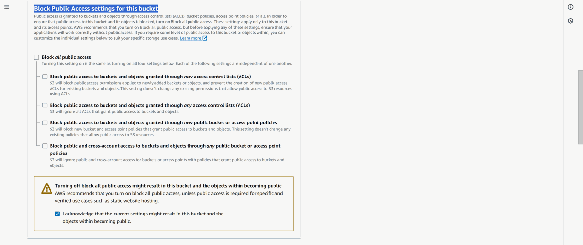 picture of the Block Public Access settings for this bucket configuration view, with the acknowledgement checked